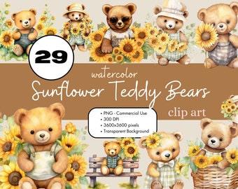 29 Sunflower Teddy Bears Watercolor Clipart Sublimation Bundle PNG Commercial Use Graphics Animal Cute Plush Teddies Flower Nursey Clip Art