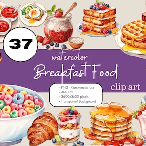37 Breakfast Food Watercolor Clipart PNG Sublimation Bundle Commercial Use Graphics Pancakes Cereal Coffee French Toast Digital Clip Art