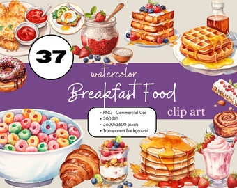 37 Breakfast Food Watercolor Clipart PNG Sublimation Bundle Commercial Use Graphics Pancakes Cereal Coffee French Toast Digital Clip Art