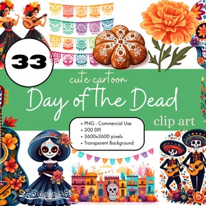 33 Day of the Dead Cute Cartoon Clipart Sublimation Bundle PNG Commercial Use Graphics Mexican Catrina Dia de los Muertos Sugar Skull