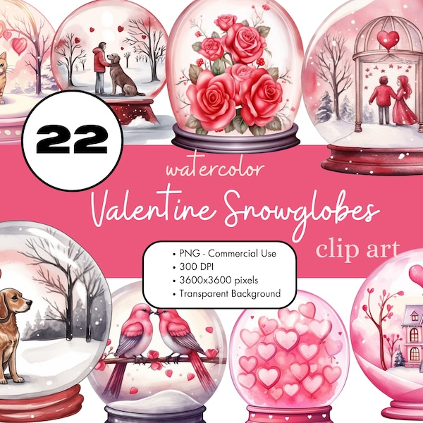 22 Snow Globe Valentine's Day Clipart PNG Sublimation Bundle Commercial Use Graphics Love Hearts Roses Cards Journaling Snowglobe Digital