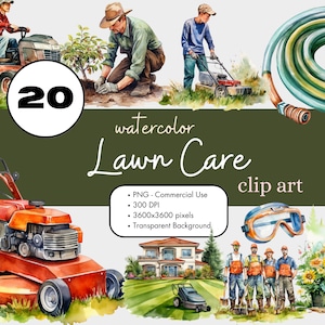 20 Rasenpflege Mähen Clipart Bundle, Aquarell PNG Sublimation Bundle Kommerzielle Nutzung Grafiken Landschaftsbau Garten POD Digital Clip Art