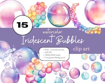 15 Iridescent Bubbles Watercolor Clipart Sublimation Bundle PNG Commercial Use Graphics Elegant Rainbow Soap Stickers Journal Clip Art set