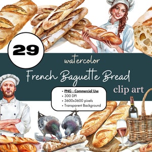 29 Pão Baguette Francês Aquarela Clipart PNG Sublimação Pacote Uso Comercial Gráficos Padaria Alimentos Assando Clip Art Digital
