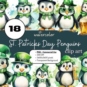 18 St Patricks Day Penguins aquarel clipart sublimatie bundel PNG commercieel gebruik graphics Ierse vakantie schattige kabouter vogel clip art
