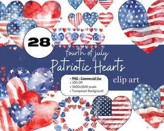 28 Watercolor Fourth of July Hearts Day Clipart PNG Sublimation Bundle Commercial Use Graphics USA Flag Red White Blue Pink Love Digital