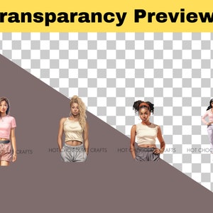 May include: Four women wearing different outfits, including a pink crop top and shorts, a cream tank top and gray sweatpants, a cream tank top and gray sweatpants, and a pink shirt and white sweatpants. The women are standing in front of a checkered background.