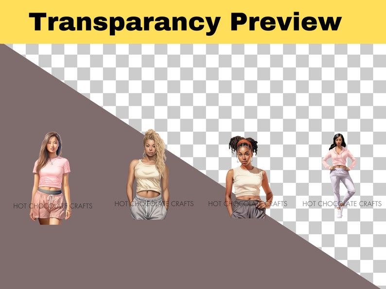 May include: Four women wearing different outfits, including a pink crop top and shorts, a cream tank top and gray sweatpants, a cream tank top and gray sweatpants, and a pink shirt and white sweatpants. The women are standing in front of a checkered background.