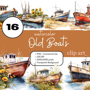 16 vecchie barche acquerello Clipart sublimazione Bundle PNG uso commerciale grafica rimorchiatore rustico Cottagecore nautica nave da pesca arte digitale