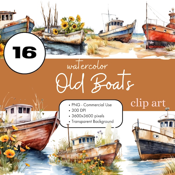 16 vieux bateaux aquarelle Clipart Sublimation Bundle PNG utilisation commerciale graphiques remorqueur rustique Cottagecore bateau de pêche nautique art numérique