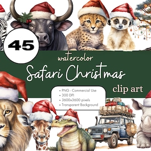 45 Kerst Safari aquarel clipart PNG sublimatie bundel commercieel gebruik graphics Lion vakantie dieren Afrikaanse Afrika digitale illustraties