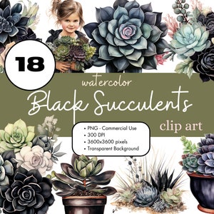 18 Suculentas Negras Plantas de Cactus Acuarela Clipart Sublimación Paquete PNG Uso Comercial Plantas de Interior Gráficos Colores Góticos Oscuros Clip Art