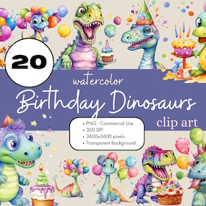 20 Aniversário Dinossauros Festa De Aniversário Aquarela Clipart Sublimação Pacote PNG Uso Comercial Gráficos Balões Bolo Festa Infantil Clip Art