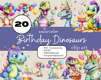 20 Birthday Dinosaurs Birthday Party Watercolor Clipart Sublimation Bundle PNG Commercial Use Graphics Balloons Cake Children Party Clip Art