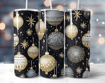 Christmas Ornaments Silver, Gold Black 20oz Skinny Straight Tumbler Wrap Sublimation PNG 9.2 x 8.3” Digital Design Holiday