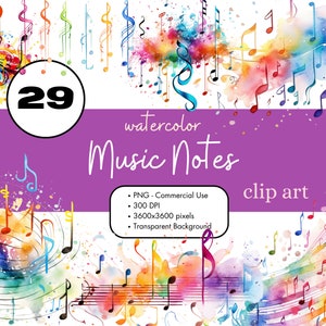 29 Notas Musicales Acuarela Clipart Sublimación Paquete PNG Uso Comercial Gráficos Musical Arco Iris Digital Scrapbooking Clip Art