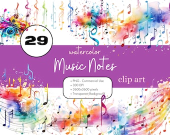 29 Music Notes Watercolor Clipart Sublimation Bundle PNG Commercial Use Graphics Musical Rainbow Digital Scrapbooking Clip Art