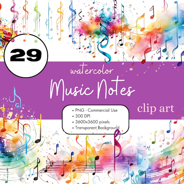 29 Music Notes Watercolor Clipart Sublimation Bundle PNG Commercial Use Graphics Musical Rainbow Digital Scrapbooking Clip Art