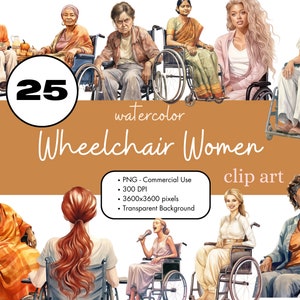 25 femmes en fauteuil roulant aquarelle Clipart sublimation Bundle PNG usage commercial graphiques numériques handicap besoins spéciaux filles handicapées