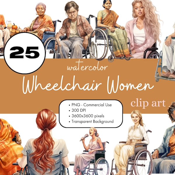 25 Rollstuhl Frauen Aquarell Clipart Sublimationspaket PNG Kommerzielle Nutzung Grafiken Digitale Behinderung spezielle Bedürfnisse behinderte Mädchen