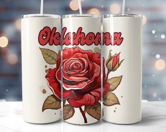 Oklahoma Rose State Flower Watercolor Seamless 20oz Skinny Straight Tumbler Wrap Sublimation PNG 9.2 x 8.3” Digital Design