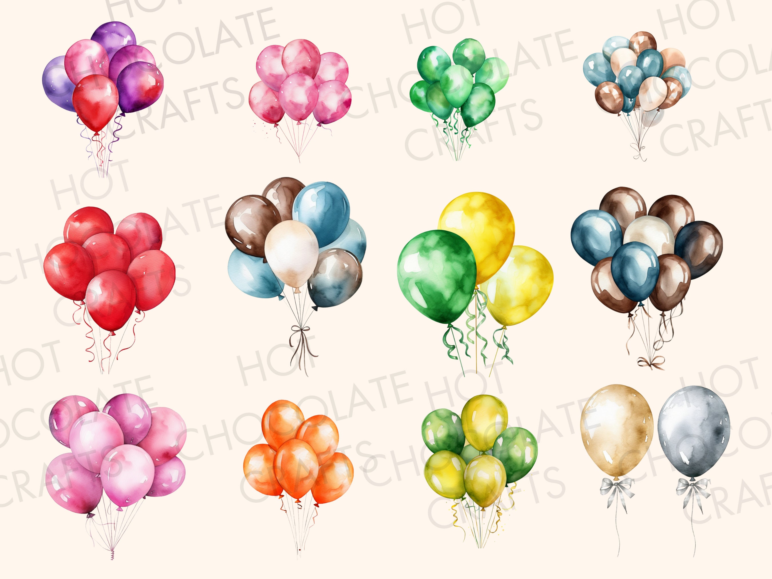 41 Colorful Birthday Balloons Watercolor Clipart Sublimation Bundle PNG ...