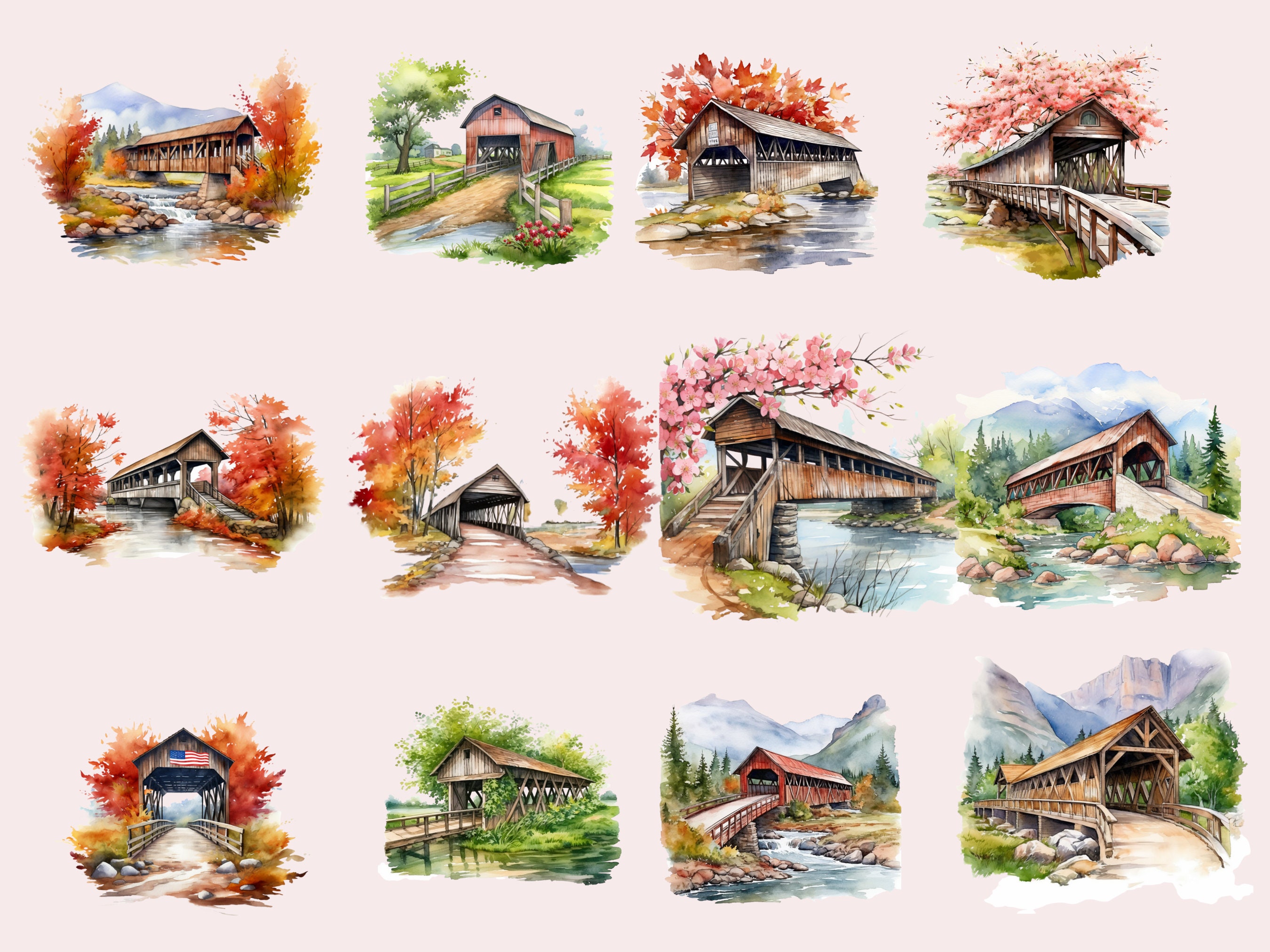 17 Covered Bridges Fall Winter Spring Seasons Watercolor Clipart ...