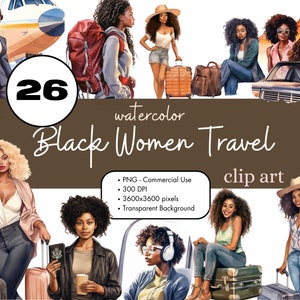 26 Paquete de imágenes prediseñadas de viaje de niñas negras, mujeres afroamericanas PNG Paquete de sublimación Uso comercial Mujeres que viajan acuarela digital