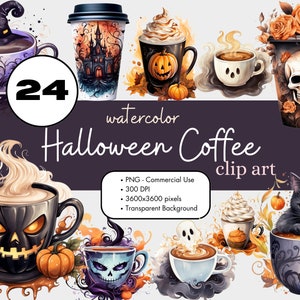 19 Halloween Coffee Acquerello Clipart PNG Sublimazione Bundle Uso commerciale Grafica Zucca Spezie Latte Autunno Spettrale Bevande Digitale