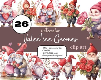 26 Gnomes Valentine's Day Clipart PNG Sublimation Bundle Commercial Use Graphics Vintage Love Folk Art Hearts Ephemera Digital Scrapbooking