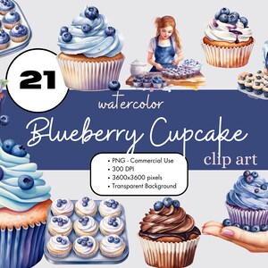 21 Blueberry Cupcakes Aquarela Clipart PNG Sublimação Pacote Uso Comercial Gráficos Sobremesa Comida Mirtilos Assando Clip Art