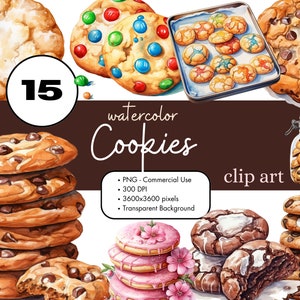 15 Cookies aquarel clipart bundel, mensen laptop PNG sublimatie bundel commercieel gebruik graphics chocolade chip dessert bakken digitaal