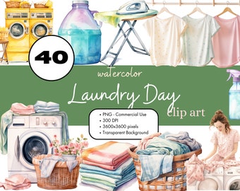 40 Laundry Day Watercolor Clipart Sublimation Bundle PNG Commercial Use Graphics Cleaning Chores Digital Scrapbooking Clip Art