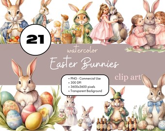 21 Easter Bunny Watercolor Clipart Sublimation Bundle PNG Commercial Use Graphics Invitations Digital Download Rabbit Vintage Clip Art