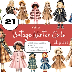 21 Retro Invierno Niñas Clipart PNG Sublimación Paquete Uso Comercial Gráficos Vintage 1950s Vintage Paper Doll Ephemera Digital