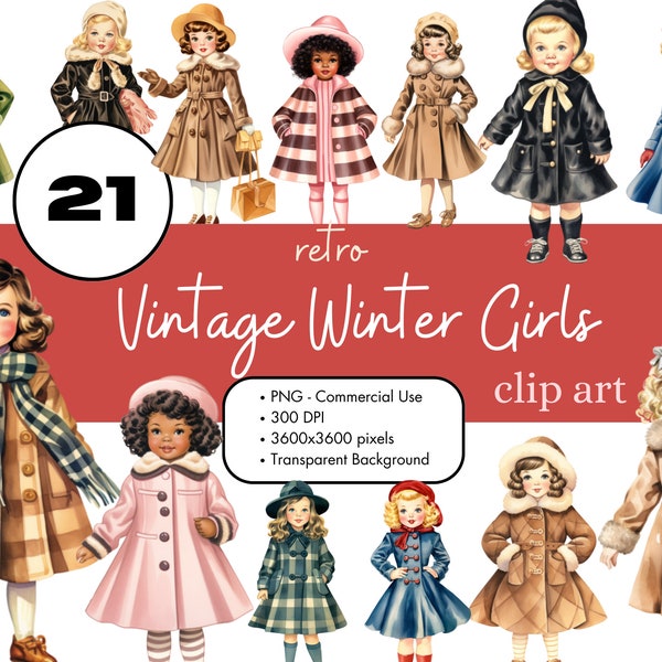 21 Retro Winter Little Girls Clipart PNG Sublimation Bundle Commercial Use Graphics Vintage 1950s Vintage Paper Doll Ephemera Digital