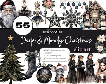 55 Moody Dark Christmas Watercolor Clipart Sublimation Bundle PNG Commercial Use Graphics Elegant Holiday Winter Black Goth Boho Clip Art