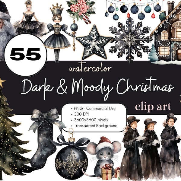 55 Moody Dark Christmas Watercolor Clipart Sublimation Bundle PNG Commercial Use Graphics Elegant Holiday Winter Black Goth Boho Clip Art