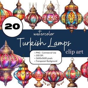 20 Turkish Lamps Watercolor Clipart Sublimation Bundle PNG Commercial Use Graphics Lighting Lantern Moroccan Vintage Junk Journal Digital