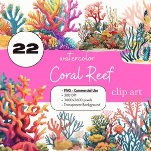 22 サンゴ礁の水彩画クリップアート PNG 昇華バンドル 商用利用グラフィック 水族館 海洋魚のイラスト 海 デジタルクリップアート