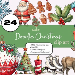 24 Navidad Doodle Clipart Sublimación Paquete PNG Uso Comercial Gráficos Dibujos Animados Santa Trineo Vacaciones Digital POD Invitaciones Clip Art