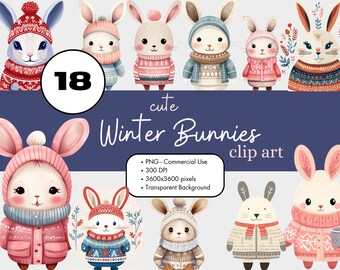18 Winter Bunnies in Clothing Watercolor Clipart Sublimation Bundle PNG Commercial Use Graphics Christmas Scandinavian Cute Rabbits Digital