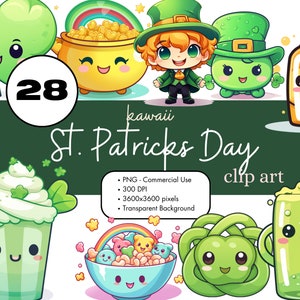 28 Kawaii Saint-Patrick Aquarelle Clipart Sublimation Bundle PNG Utilisation commerciale Graphiques Vacances irlandaises Mars Mignon Leprechaun Clip Art