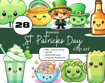 28 Kawaii St. Patrick's Day Watercolor Clipart Sublimation Bundle PNG Commercial Use Graphics Irish Holiday March Cute Leprechaun Clip Art