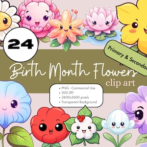 24 Mois de naissance Fleurs Kawaii Clipart Sublimation Bundle PNG Utilisation commerciale Graphiques Clip Art Primaire et Secondaire Invitations mignonnes Numériques