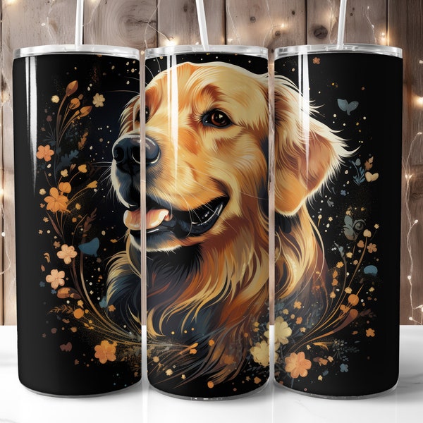 Golden Retriever Dog Stars and Splashes Black Puppy 20oz Skinny Straight Tumbler Wrap Sublimation PNG 9.2 x 8.3” Digital