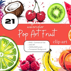 21 Pop Art Fruit Clipart Bundle, PNG Sublimación Paquete Uso Comercial Gráficos Comida Colorida Sandía Acuarela Limón Uvas Manzana Lima