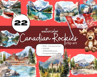 22 Canadian Rockies Banff National Park Jasper Travel Watercolor Clipart Sublimation Bundle PNG Commercial Use Graphics Vacation Clip Art
