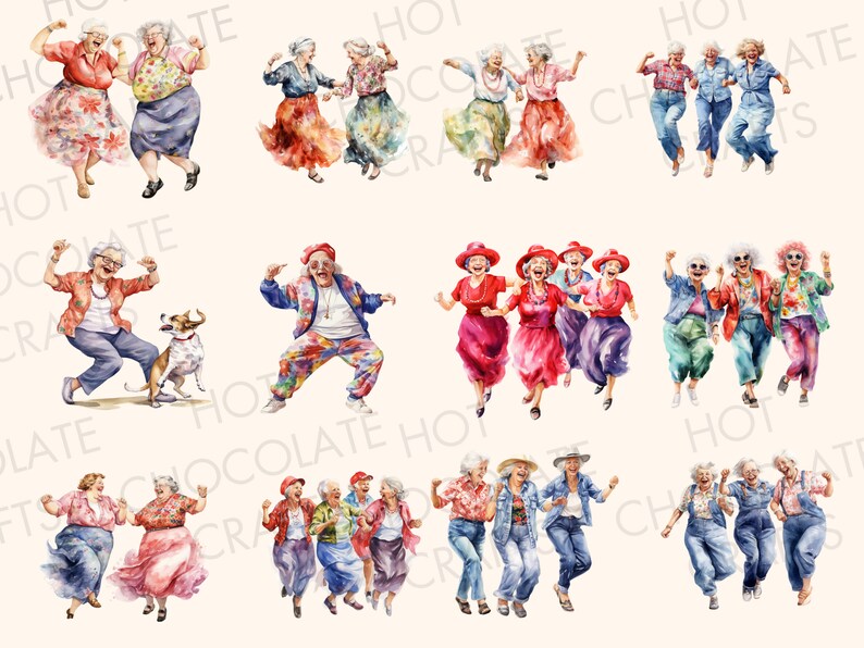 15 Dancing Old Ladies Funny Watercolor Clipart PNG Sublimation Bundle ...