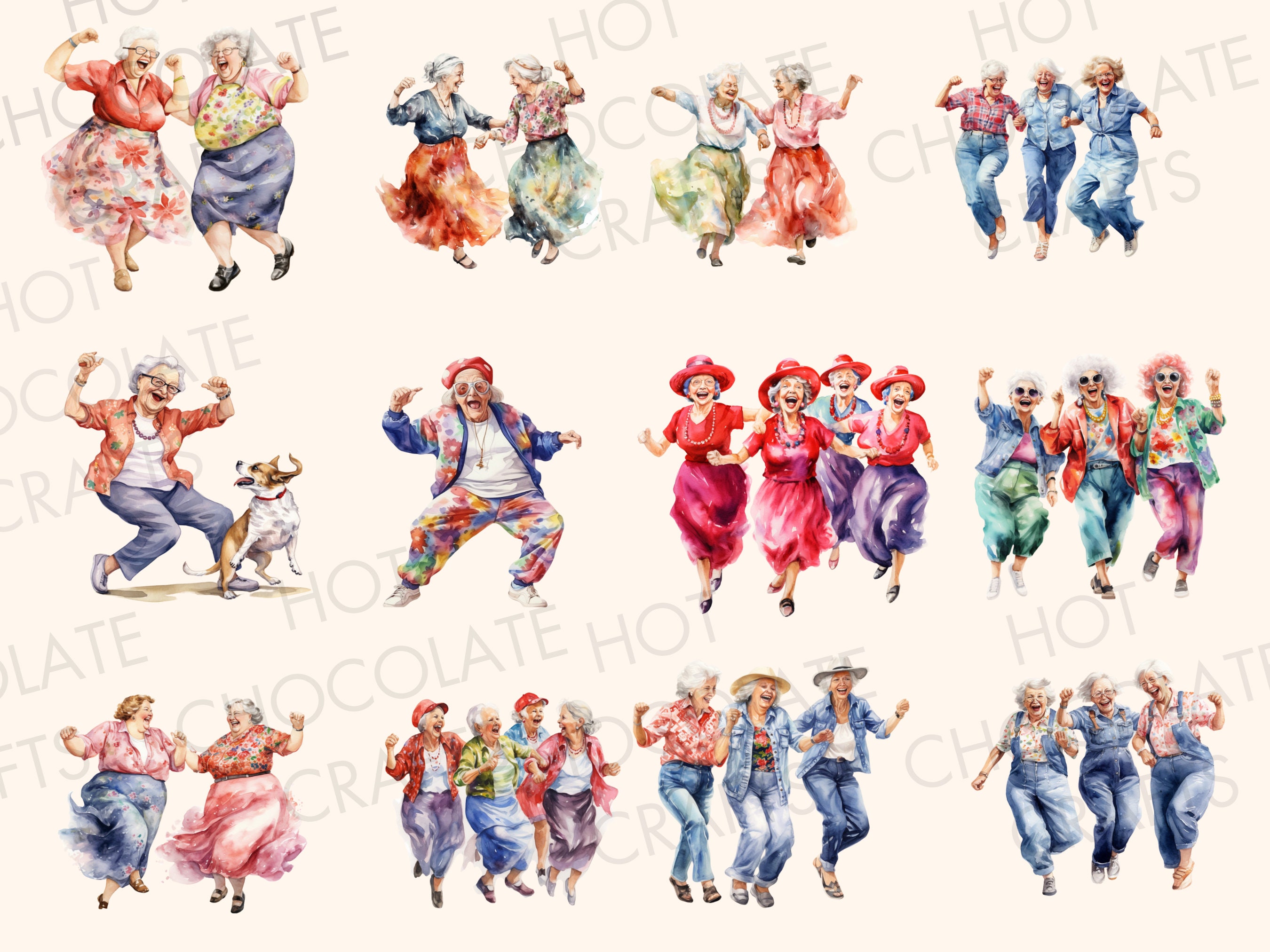 15 Dancing Old Ladies Funny Watercolor Clipart PNG Sublimation Bundle ...